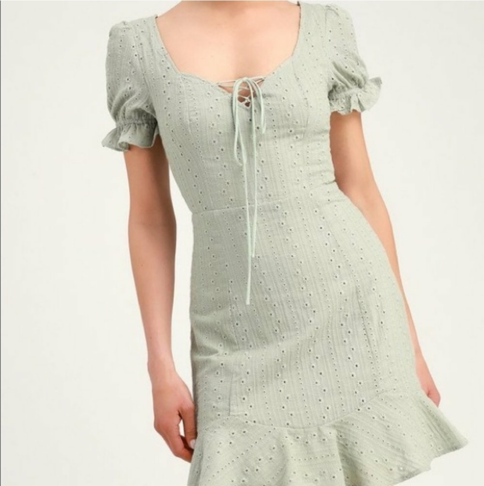 Lulus Rapunzel Sage Green Eyelet Lace Mini Dress